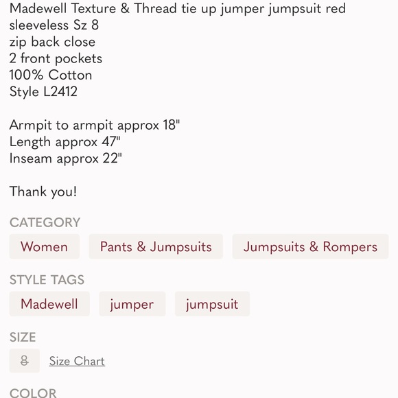 Madewell Texture & Thread tie up jumper jumpsuit red sleeveless Sz 8 - Picture 9 of 9